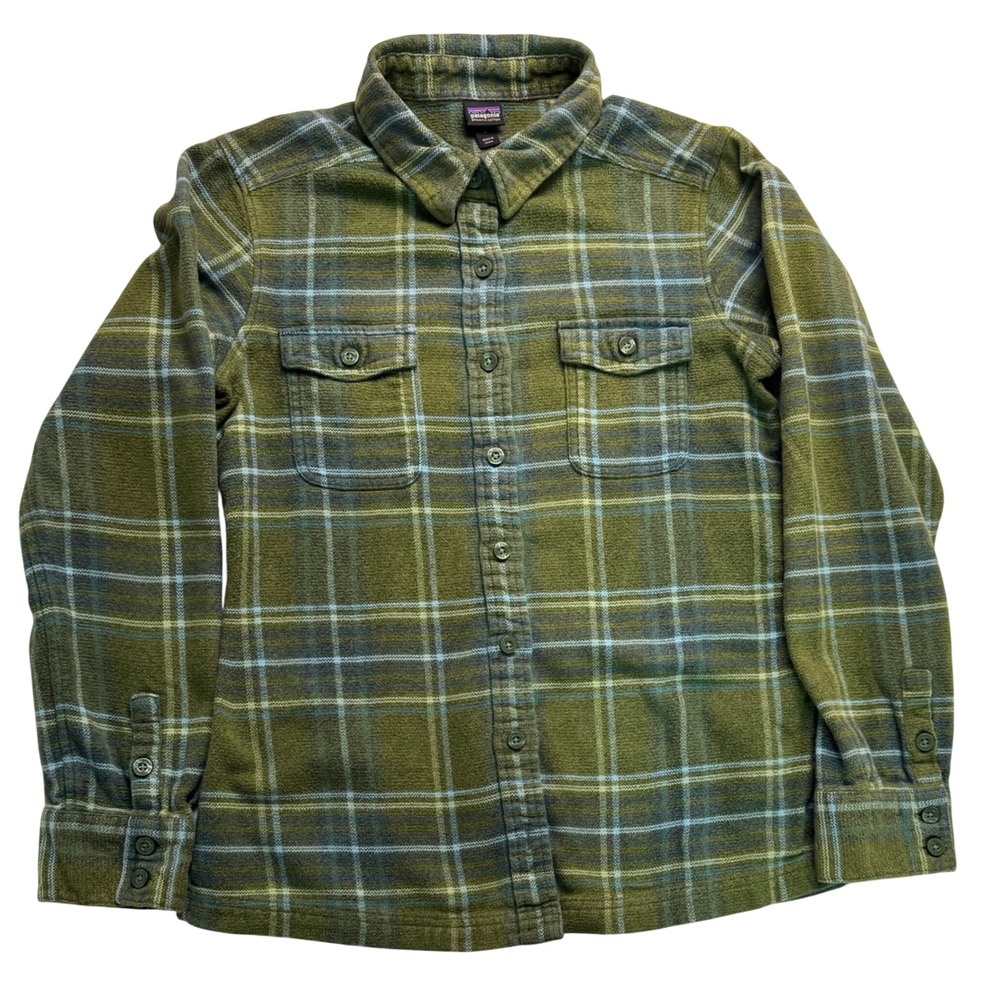 Patagonia Organic Cotton Plaid Flannel Shirt Olive Green Blue Womens 4